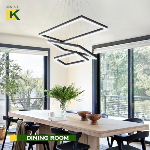 3 Rings Modern LED Chandelier Black 31.5inch Rectangle Dimmable LED Pendant Light with Remote Control 3 Tier Flush Mount High Ceiling Light for Dining Living Room Foyer