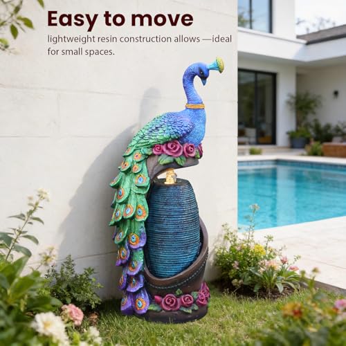 32" Peacock Sculpture Waterfall Fountain Indoor with LED Lights