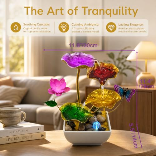 Tabletop Fountain Metal Lotus Indoor Fountain Water Feature for Zen Home Office Fengshui Decor Color