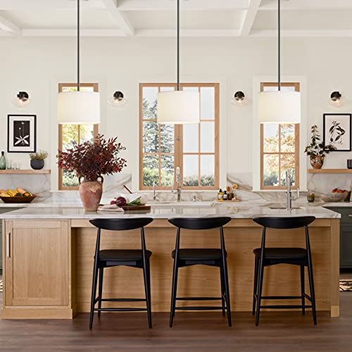 9" Dia White Linen Drum Shade Hanging Pendant Light Fixture with Black Pole Kit (2 Count)
