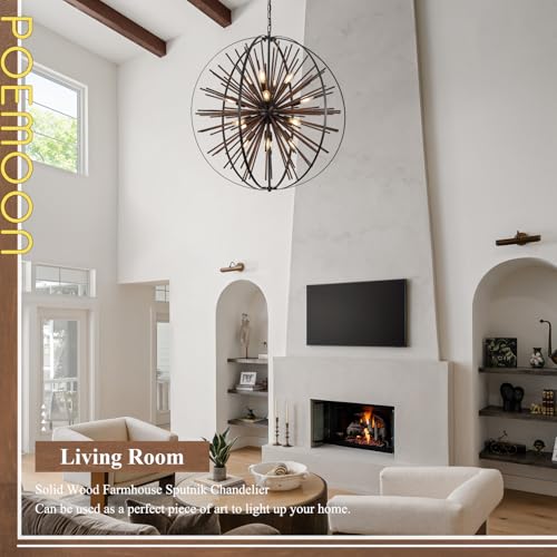 31" 16 Light Farmhouse Wood Sputnik Chandelier Black Hanging Light
