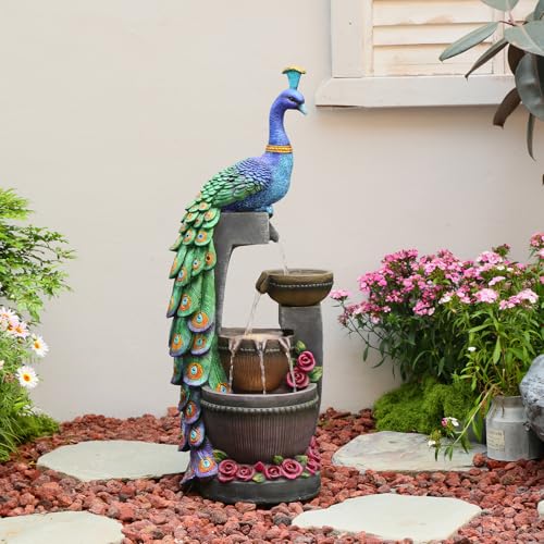 Outdoor Water Fountain 41" H Cascading Peacock Waterfall Fountain with LED Lights & Pump Tiered Water Feature for Garden