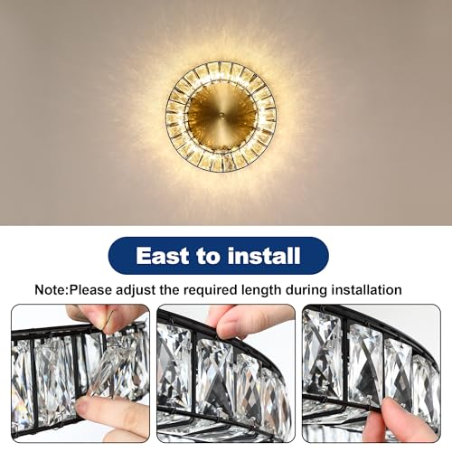 Crystal LED Flush Mount Ceiling Light Fixtures Modern Black and Gold LED Chandelier Lighting for Kitchen Closet Hallway Bedroom Foyer Laundry Room