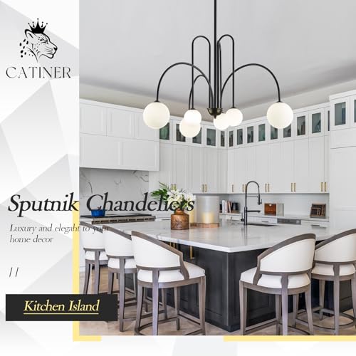 Modern 40" 6 Light Black Sputnik Chandelier with Milk Glass Globe