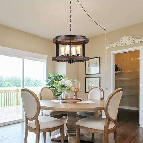 4 Light Large Rustic Farmhouse Plug in Pendant Light Fixture with Adjustable Chain