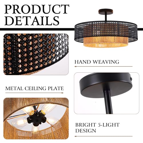 Black Wicker Flush Mount Ceiling Light Boho Fixture