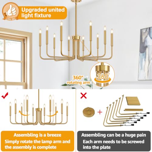 Gold 10 Light Farmhouse Chandelier for Dining Room Lighting Fixtures Hanging