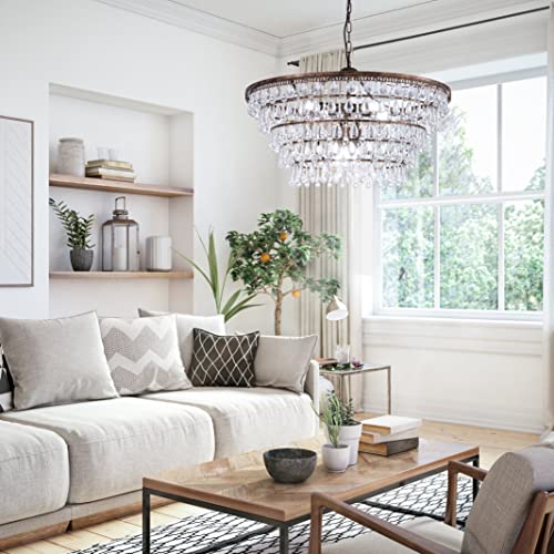 Crystal Chandelier Farmhouse 5 Tiers Crystal Light Fixtures Hanging Modern Bronze Ceiling Pendant Light