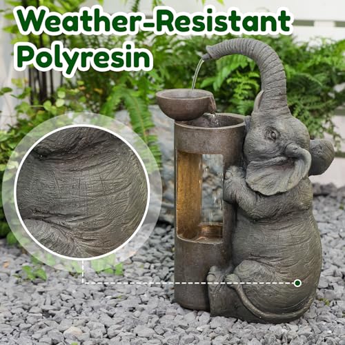 Elephant Waterfall Fountain for Indoor Desktop & Outdoor Use Small Garden Water Feature with LED Light Quiet Mini Cute Table Water Fountains for Patio