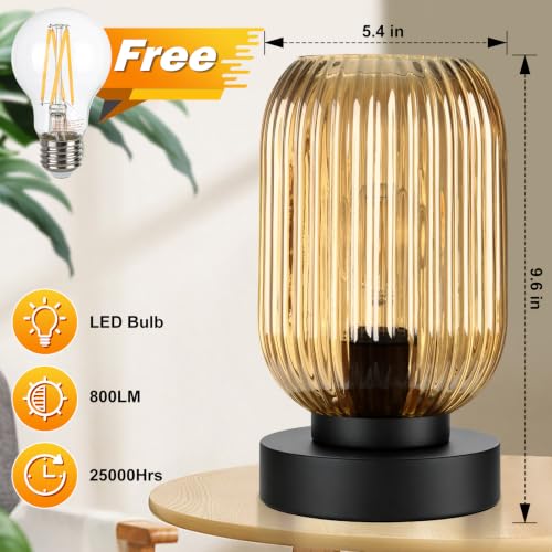 Mid Century Modern Table Lamp with Amber Ribbed Glass Shade
