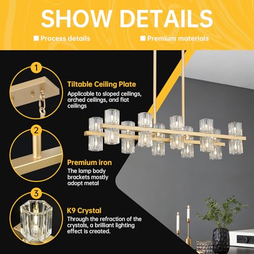 20 Light L32 Rectangle Gold Crystal Dining Room Light Fixture