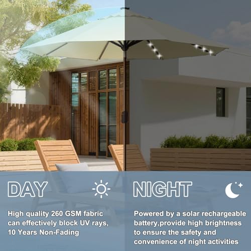USA 10-Year-Non-Fading 10ft Market Patio Umbrella, Commercial Grade Table Sun Umbrella with 80 Solar LED Lights, Crank Open, Windproof & UPF 50+ UV Protection for Garden, Deck, Pool, Backyard, Natural