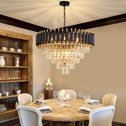 10 Light Large Crystal Chandelier 24" Dining Room Light Fixtures 5 Tiers Flush Mount Black and Gold Chandelier Round Large Chandeliers for Dining Room Living Room Kitchen Entryway Foyer