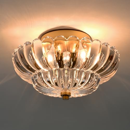 Gold Ceiling Light Fixture with Scalloped Clear Glass Shade