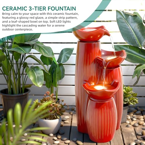 30" Ceramic Outdoor Water Fountain with LED Lights