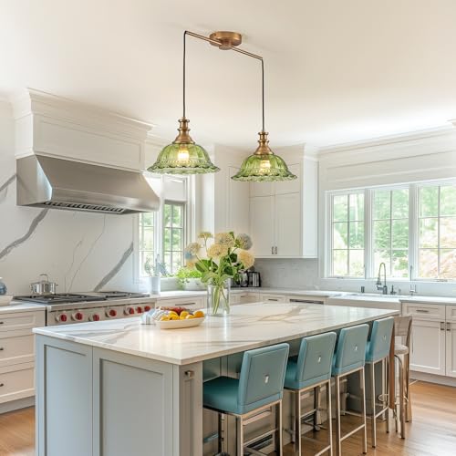 Vintage Pendant Light Fixtures Modern Green Glass Hanging Lighting with Adjustable Cord for Kitchen Island Dining Room Living Room Hallway