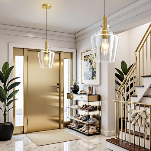 Glass Pendant Lighting for Kitchen Island Entryway 2 Pack Gold Clear 8 Inch (2 Count)