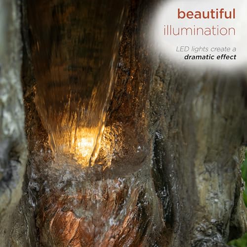 62" Rustic Outdoor Tree Trunk Waterfall Fountain with LED Lights
