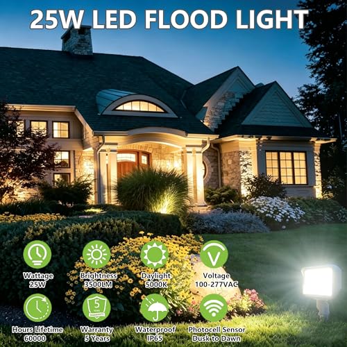 2Pack Dusk to Dawn Outdoor 25W LED Flood Light with Knuckle & Plate Mount (2 Count)