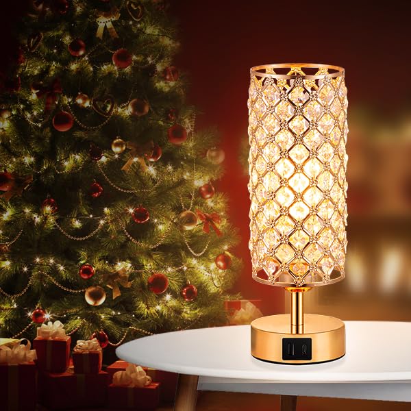 Gold Crystal Touch Lamp for Bedroom with USB