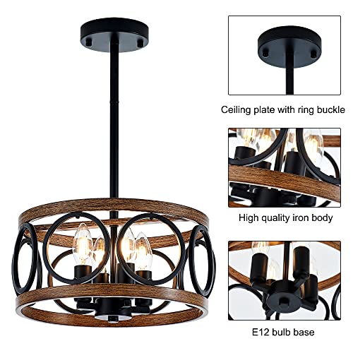 12.6" 4 Light Black Farmhouse Drum Pendant Light for Dining Room