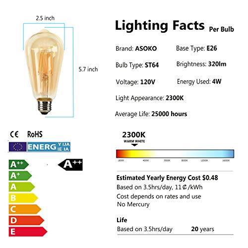 LED Dimmable Edison Light Bulbs 4W (6 Count)