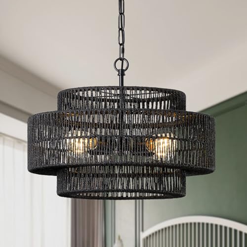 17.7" Black Large Boho Rattan Chandeliers for Dining Room