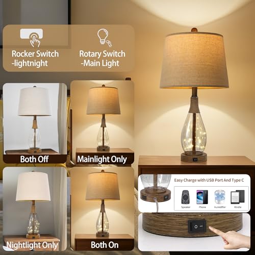23" USB A+C Table Lamp for Bedroom Living Room Modern Bedside Lamps Retro Farmhouse Rattan Glass Nightstand Nightlight Lamps