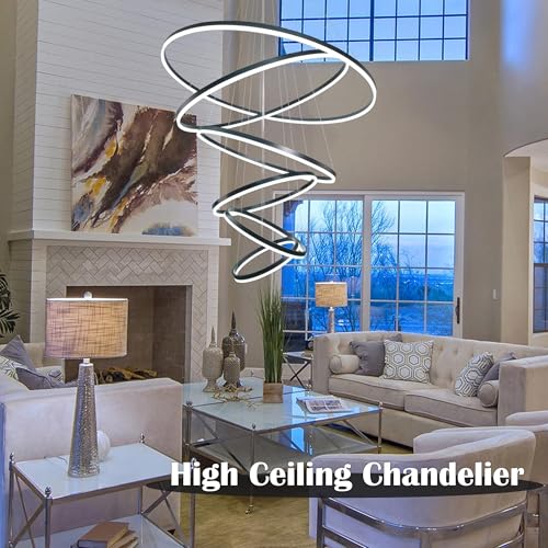 6 Rings Pendant Lights 47.2'' Modern Black Led Chandelier Dimmable Height Adjustable Chandeliers Color Temperature Black Chandelier Led Pendant Light for Dining Room Bedroom Entryway
