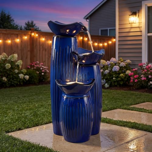 30" H Ceramic Outdoor Water Fountain with Lights