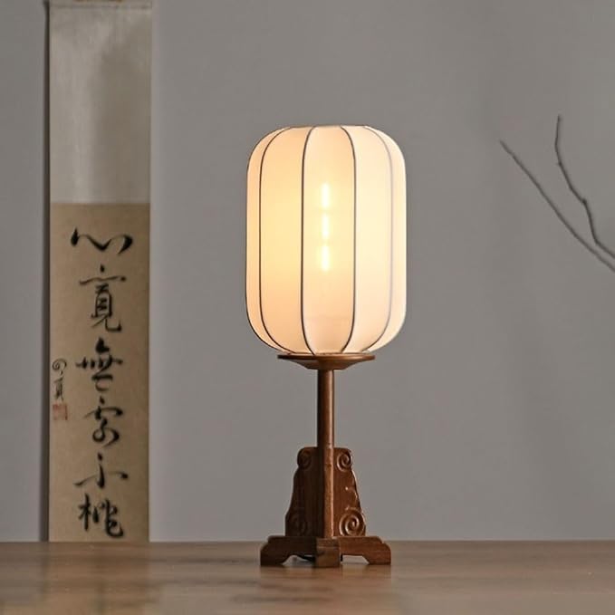 Wood Table Lamp Chinese Style Lantern Desk Light with Fabric Shade Japanese Lamp Lantern Wooden Standing Lights for Nightstand, Dresser, Living Room, Restaurant, Office