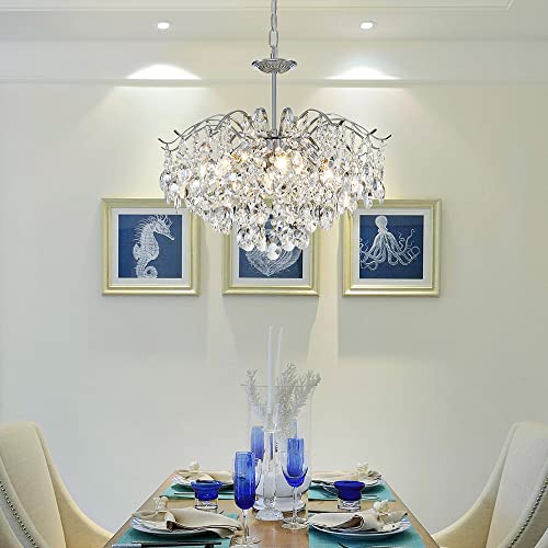 Saint Mossi Modern K9 Crystal Chandeliers, Middle Century Modern Design Chandelier Light Fixture for Dining Room, D20 x H17, Adjustable Chains 59", Chrome Finish Metal Frame