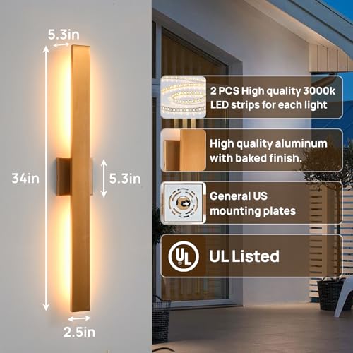 Gold LED Outdoor Wall Lights 34in Modern Exterior Light Fixture 3000K Waterproof Aluminum & Glass Outside Lights for House Front Door Patio