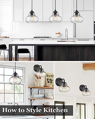8 Inch Globe Pendant Light Bubble Glass Industrial Kitchen Island Hanging Pendant Light Fxiture Modern Hand Blown Seeded Glass for Farmhouse Dining Room Bar Bedroom Living Room Black