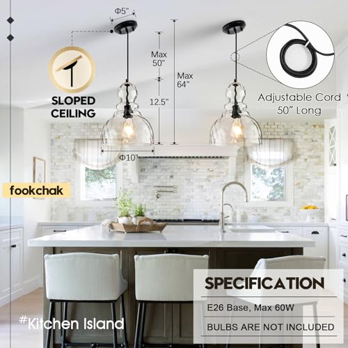 Hammered Glass Pendant Light for Kitchen Island Black Pendant Hanging Light 10inch Large Glass Pendant Lights for Kitchen Sink Dining Room Hallway Entrance