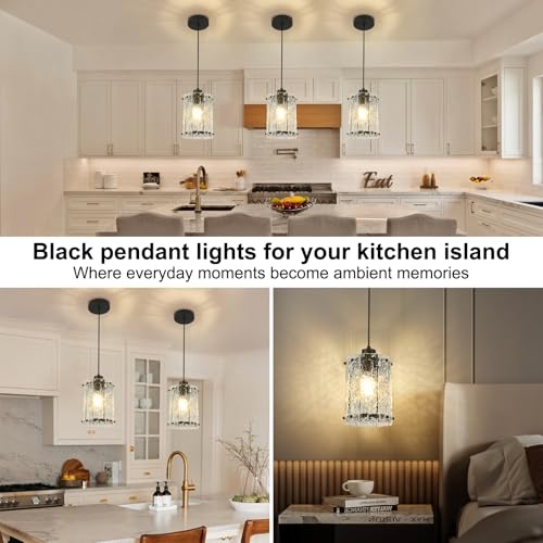 Black Pendant Lights Kitchen Island 2 Pack Modern Water Ripple Glass Pendant Lights Fixtures Round Adjustable Hanging Pendant Lighting for Kitchen Island Dining Room Over Sink Table Entryway (2 Count)
