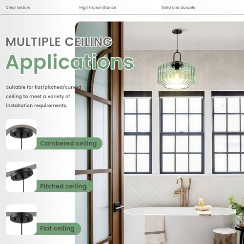 Modern Hanging Lights Light Green Pendant Light Fixtures Mid Century Large Glass Pendant Lights 11" Striped Glass Shade Black Schoolhouse Ceiling Light Fixture Kitchen Hanging Lamp