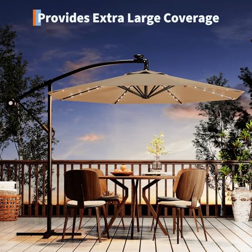10FT Solar Lights Offset Patio Umbrella with Cross Base