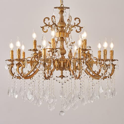 Vintage 10 Arms Crystal Chandelier Candle Light Fixture for Dining Room Living Room Bedroom Hallway Entryway Antique Gold Finish