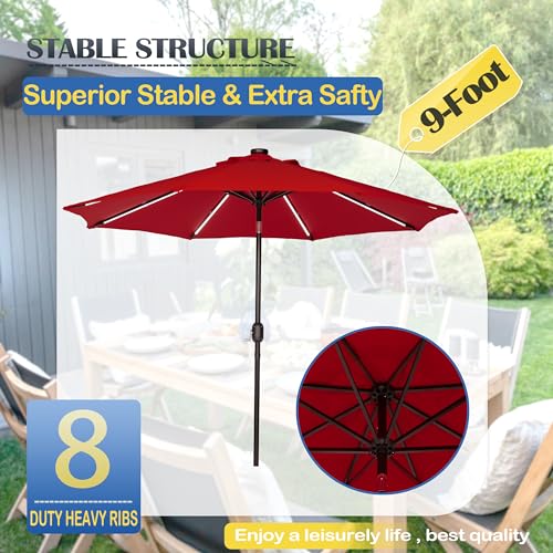 9 FT Patio Umbrella with Solar Lights 8 LED Strip Lights Red