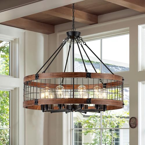 10 Light Farmhouse Drum Wood Pendant Light