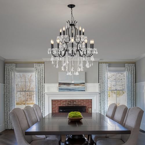 French Country Black Iron Crystal Chandelier
