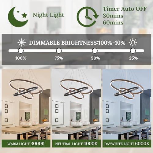 LED 3 Ring Chandelier Dining Room Modern Black Walnut Chandeliers Dimmable