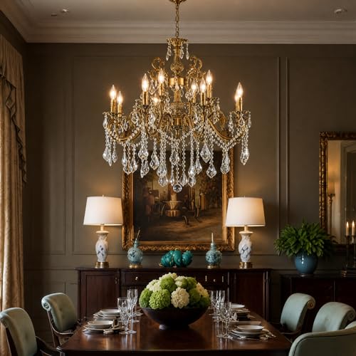 Vintage 8 Arms Crystal Chandelier Candle Light Fixture for Dining Room Living Room Bedroom Hallway Entryway Antique Gold Finish