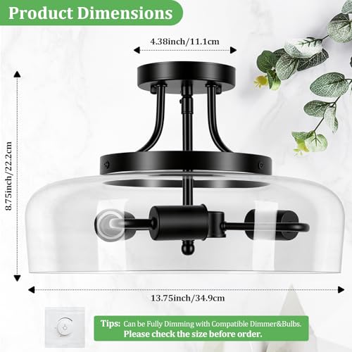 Modern Industrial Semi Flush Mount Ceiling Light with Clear Glass Shade