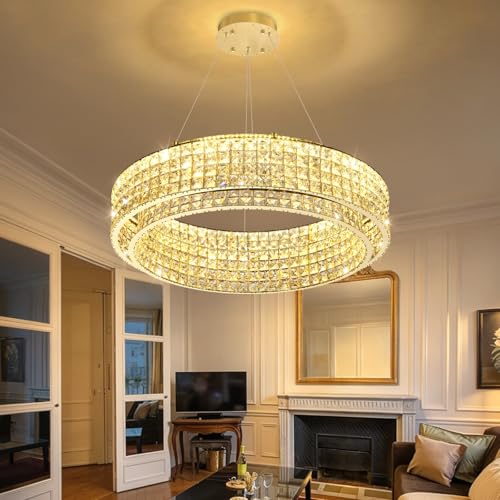 W32 Modern Chandeliers for Living Room LED Dimmable Pendant Lighting High Ceiling Chandelier for Dining Room Foyer Hallway Crystal Rectangle Light Fixtures Gold