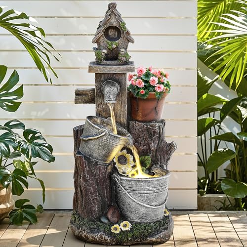 20" 3 Tier Resin Birdhouse Water Fountain with Warm LED Lights
