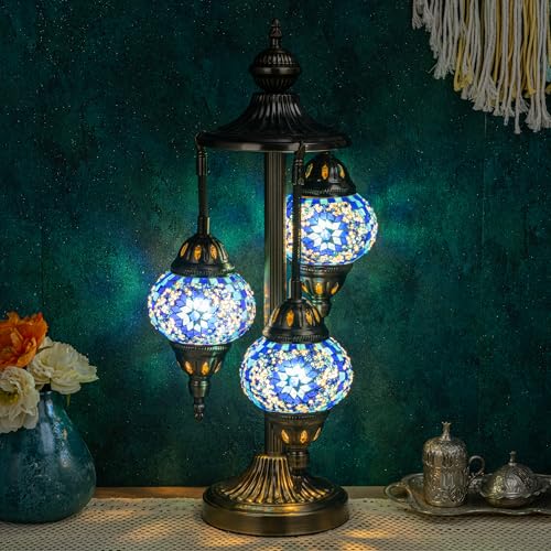 23" Turkish Mosaic Lamp Handmade 3 Globes Moroccan Table Lamp