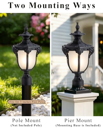 22" Black Dusk to Dawn Outdoor Post Light Fixture Vintage Large Waterproof Exterior Pole Lamp Fixture Mount Posts Lantern Head with Frosted Glass for House Garden Patio Pathway Yard Garage