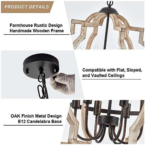 6 Light Farmhouse Chandelier for Dining Room Wood Pendant Lighting